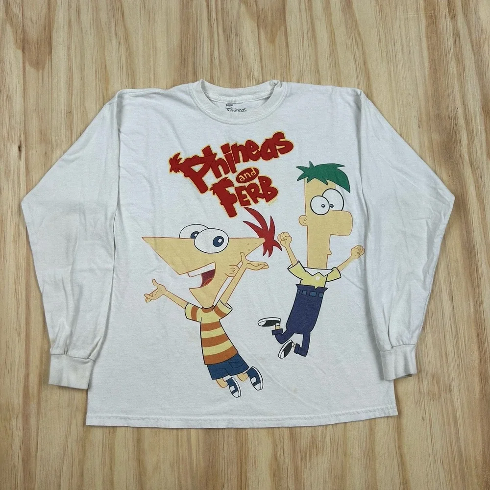Phineas & Ferb Disney T-shirt White Ferb Funky Fresh KIDS size Large Long Sleeve